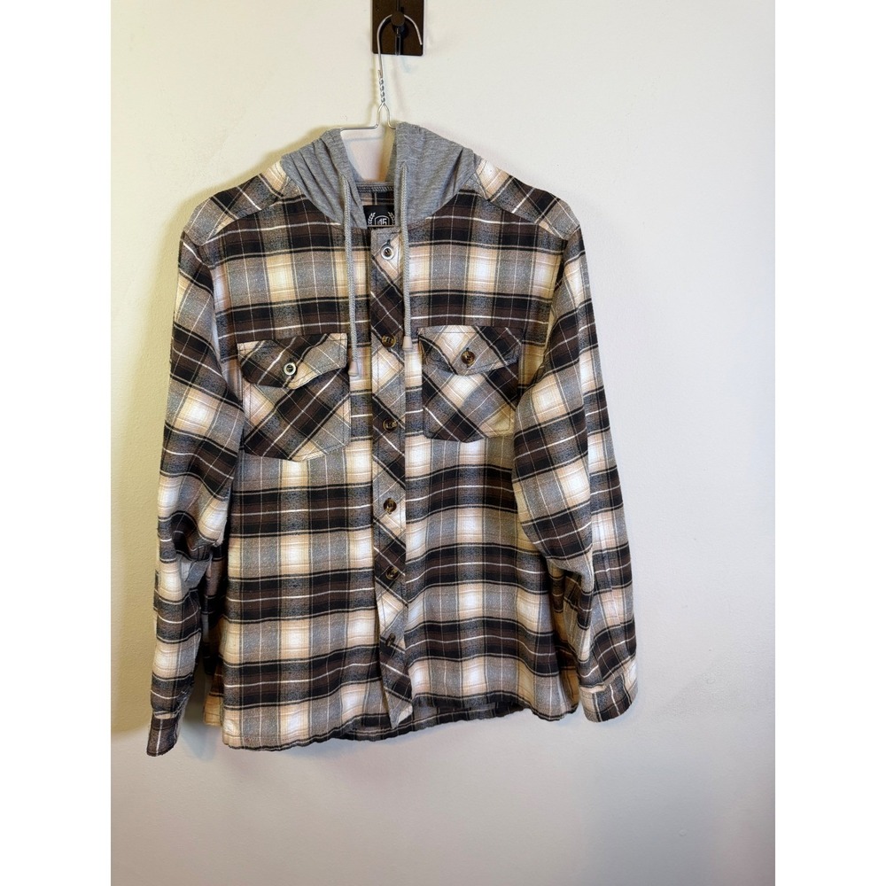 North 15 Mens Hooded Flannel Shirt Plaid Brown Large